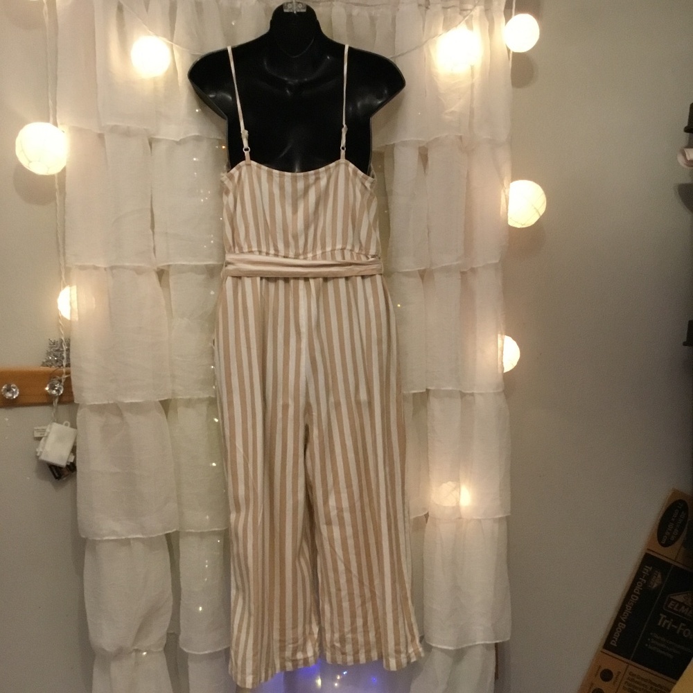 Derek heart Tan Stripped belted Jumpsuit With Pockets Size L - Picture 2 of 2